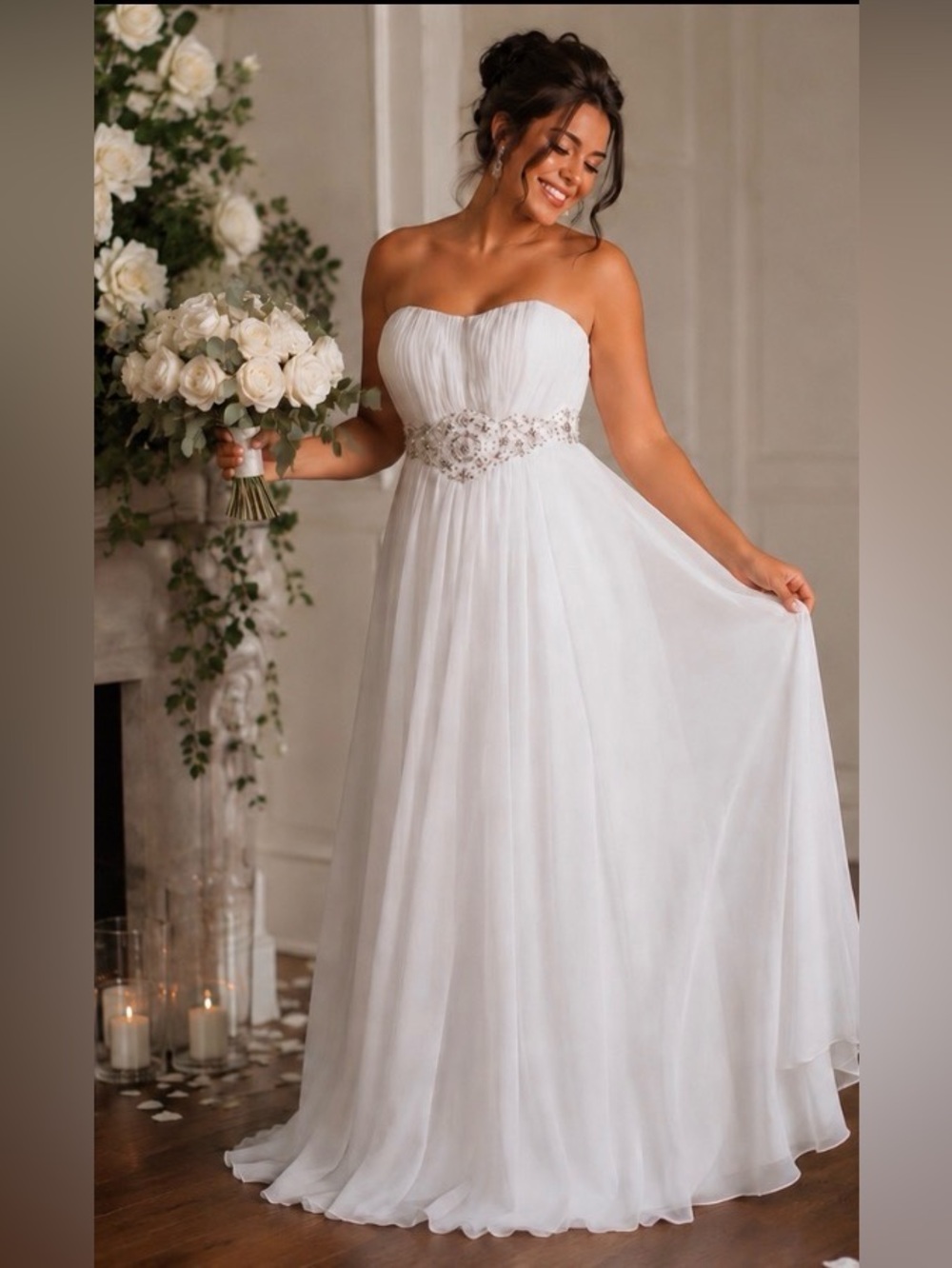 MayQueen Strapless White Chiffon Bridal Gown with Beaded Waistband